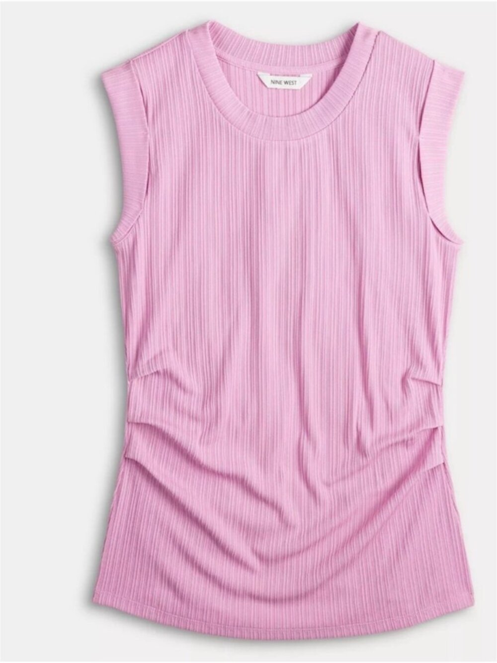 Cap Sleeve Ribbed Crewneck Side Ruched Knit Top S Pink/Purple